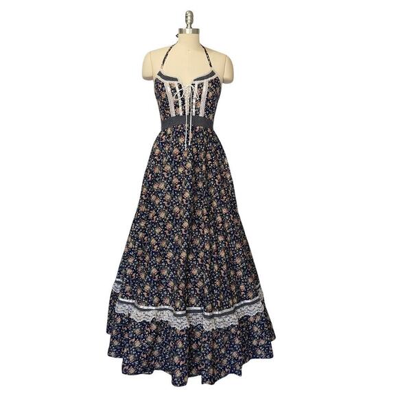 Gunne Sax Rooster Print Halter Dress Size 9 S Corset Lace Up Maxi Vintage 70s - Picture 3 of 13